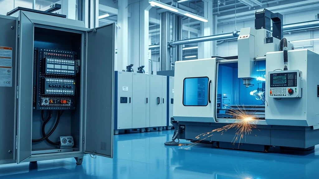 An industrial control cabinet housing a PLC system next to a CNC milling machine operating on a factory floor An industrial control cabinet housing a PLC system next to a CNC milling machine operating on a factory floor