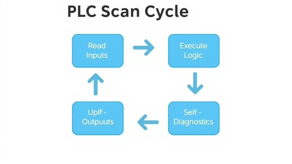 A diagram illustrating the four stages of a PLC scan cycle reading inputs executing logic updating outputs and running self-diagnostics A diagram illustrating the four stages of a PLC scan cycle reading inputs executing logic updating outputs and running self-diagnostics