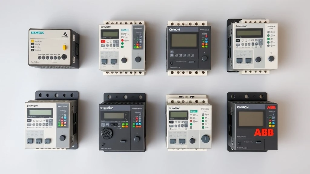 Six industrial PLC units from Siemens Mitsubishi Schneider Omron Allen-Bradley and ABB arranged side by side for comparison Six industrial PLC units from Siemens Mitsubishi Schneider Omron Allen-Bradley and ABB arranged side by side for comparison