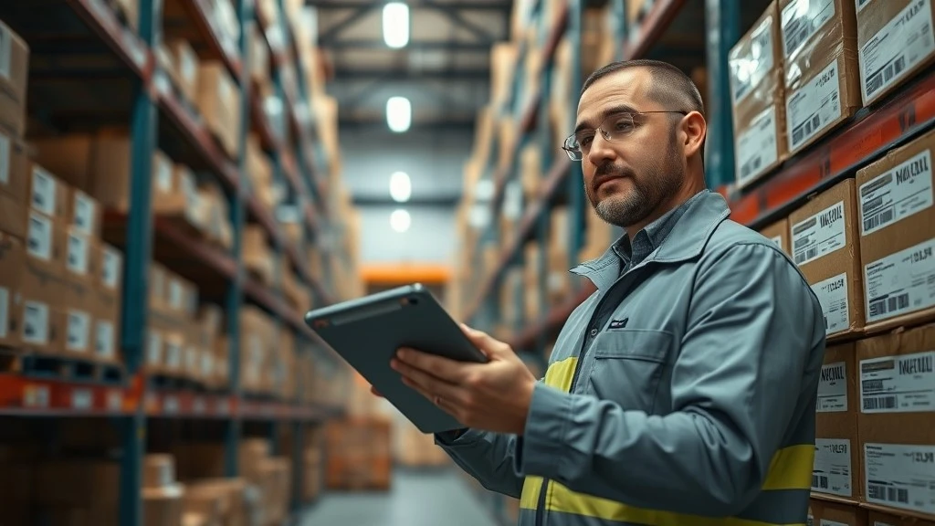 A procurement engineer reviewing a checklist on a tablet in a warehouse stocked with industrial PLC modules A procurement engineer reviewing a checklist on a tablet in a warehouse stocked with industrial PLC modules